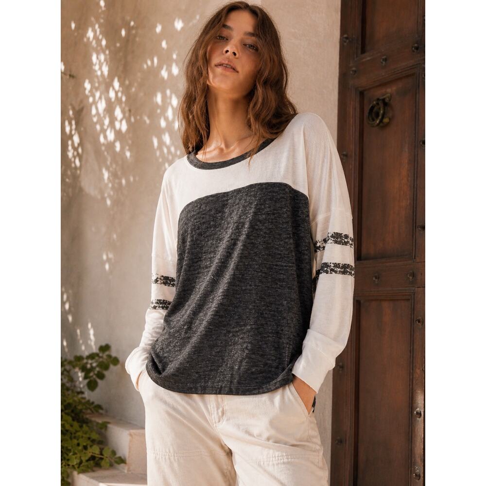 ABOUND Long Sleeve Burnout Scoop Neck Striped Baseball Tee Long Sleeve Top